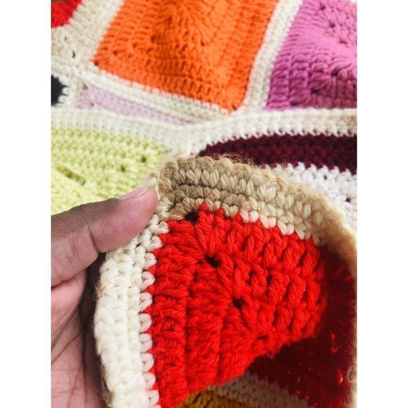 Retro VTG cream handmade knit crotchet blanket throw afghan blanket 50"x92" - Picture 5 of 7